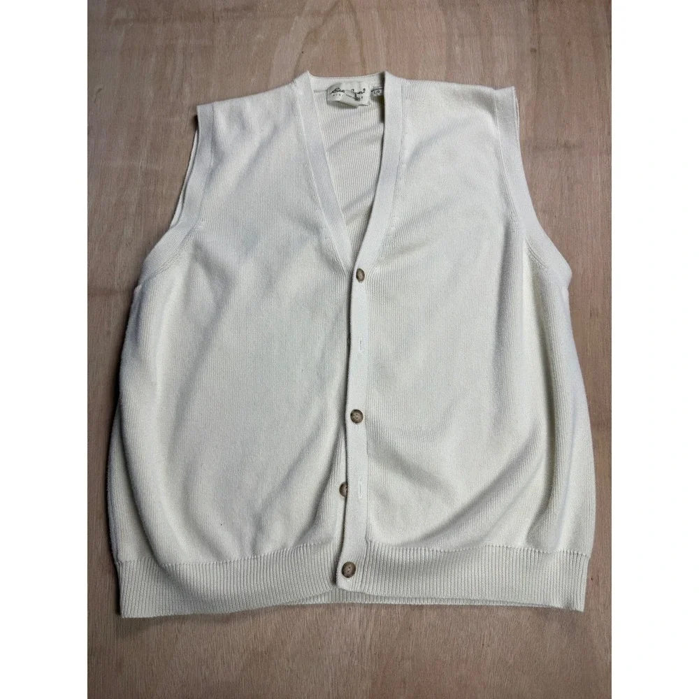 Eddie Bauer Mens Cotton VNeck Button Up Sleeveless Sweater Vest Cream Y2K Size L